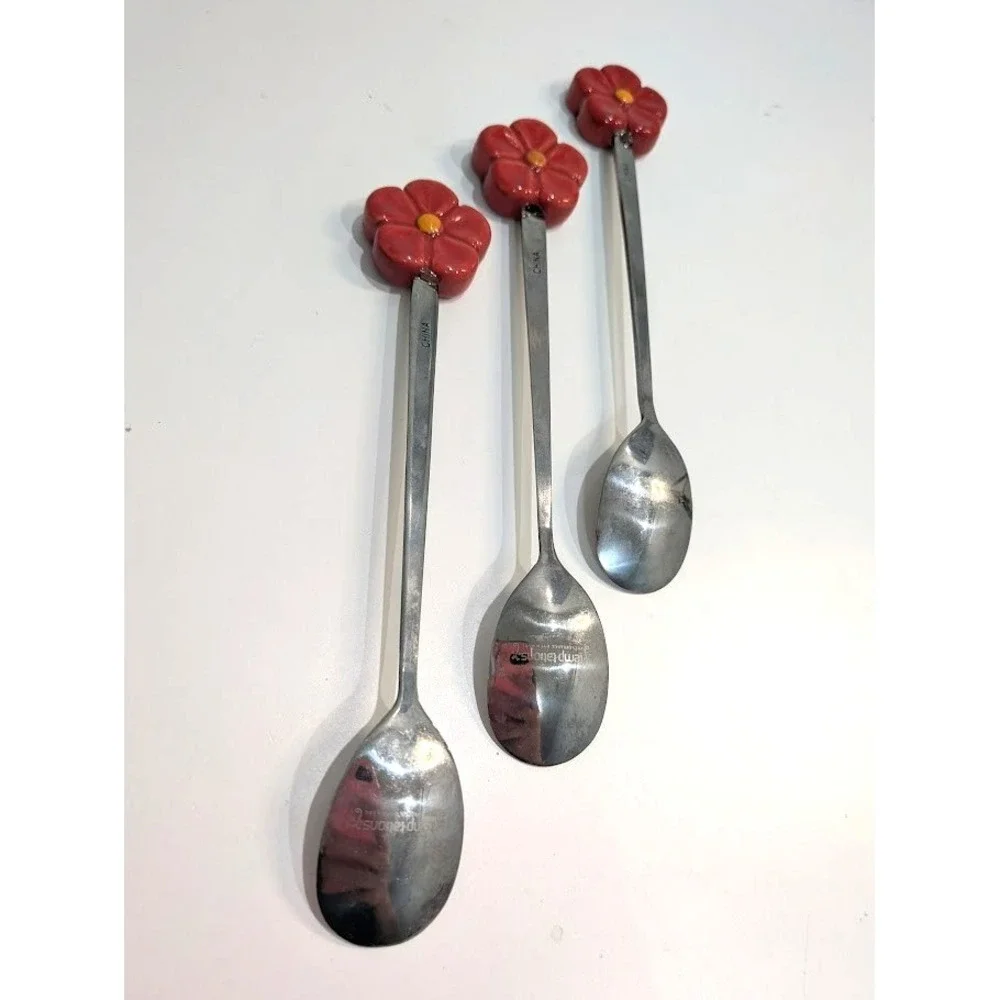 TEMP-TATIONS Old World Red Flower Top Tea Spoons 6 1/2‎ Inches Lot of 3